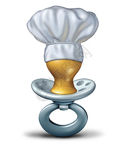 婴儿食品婴儿饮食符号奶嘴象,厨师帽白色背景上幼儿饮食思想的图标图片