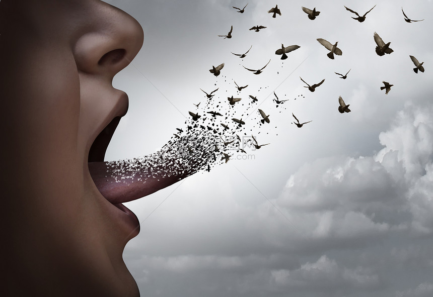 沟通个人张开嘴巴,用舌头表达个想法,化为飞鸟,表达营销思想的思想分布隐喻图片
