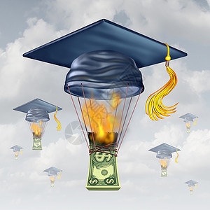 三只手举钱教育成本高中学费顶毕业帽,形状像个热气球,被燃烧的金钱的火焰举,金融金钱压力的隐喻背景