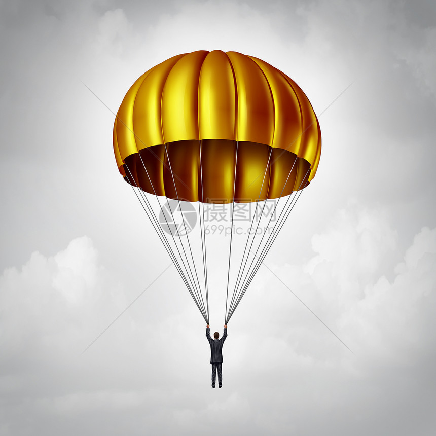 金降落伞的,个商人跳伞安全下降与黄金落架,个商业利益奖励标志的公司协议与个执行雇员,正辞职辞职图片