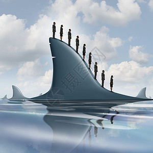 风险商业隐喻的群勇敢知情的商人站大鲨鱼的背鳍上,克服公司惧勇气无畏的象征背景图片