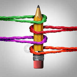 创意支持网络种三维插图铅笔,由绳索支撑,将教育办公工具社会社会合作的隐喻图片