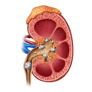 肾结石医学种人体器官,以痛苦的水晶矿物为医学符号,以横截为三维插图风格图片