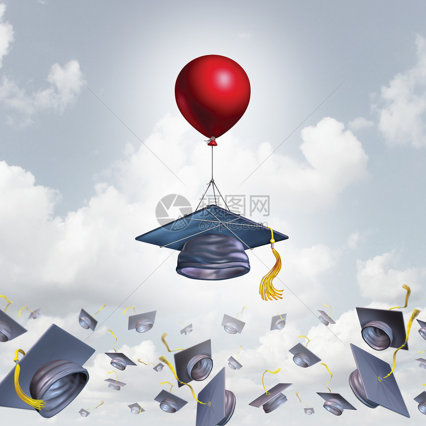 学校支持大学毕业奖学金符号个沙浆板研究生帽被提升更高的帮助气球与三维插图元素图片