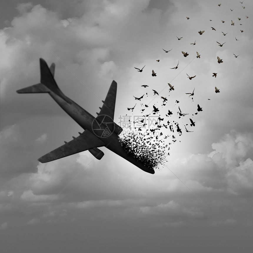 飞机失踪失踪的飞行架天空中坠落的坠毁飞机,并化为飞鸟,航空悲剧的隐喻与三维插图元素图片