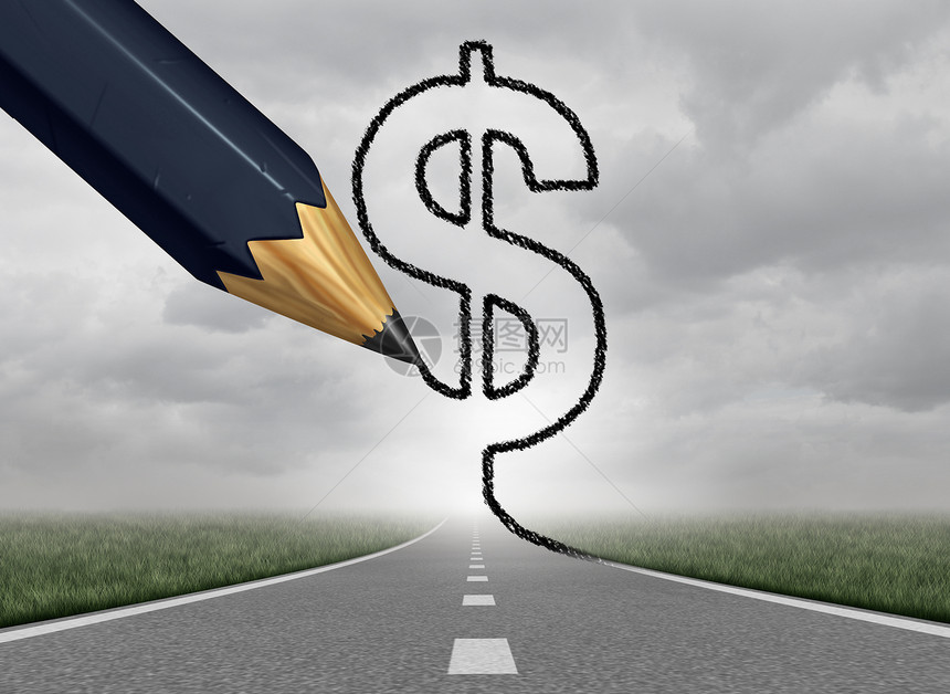 商业利润财富之路条通往财富的金钱之路,用黑色铅笔条带3dillustration元素的成功公路上画上个美元的货币图片
