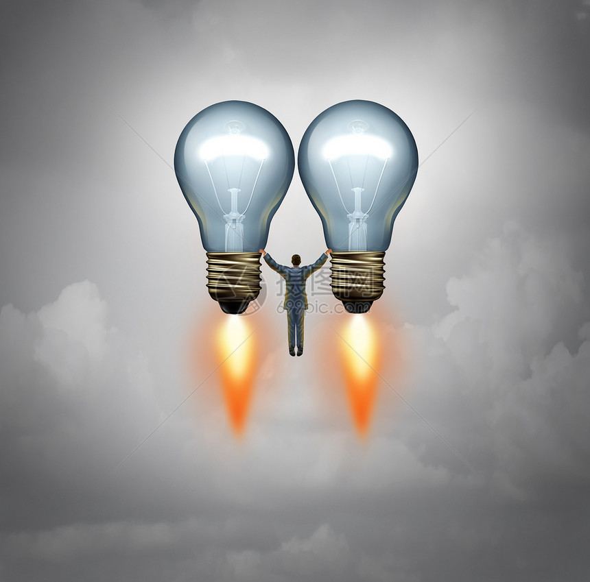 企业家成功的理念投资者的象征,个商人风险资本家飞两个灯泡火箭与三维插图元素图片