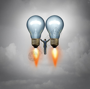 火箭光企业家成功的理念投资者的象征,个商人风险资本家飞两个灯泡火箭与三维插图元素背景