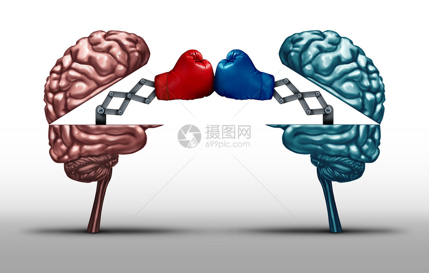 大脑之战智慧之战两个立的开放人脑符号,辩论争议的隐喻3D插图风格的创造竞争的图标图片