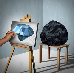 看可能价值机会,创造财富金融,名画家,看着岩石煤,并惰地将物体解释为画布上的颗彩绘珍贵钻石,3D插图背景图片