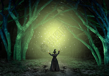 魔法女巫可怕的黑暗神秘森林中施放魔法咒语,就像个的巫师样,创造出种闪闪发光的绿色光芒,万节的背景,带3D插图背景图片
