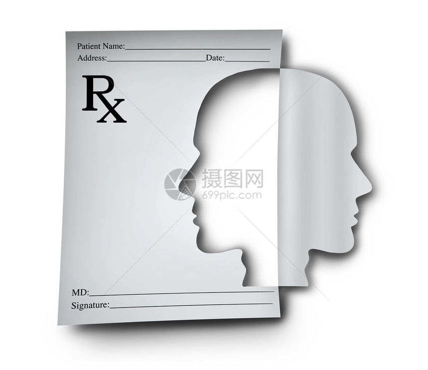 心理健康药物精神医学医生处方说明,形状为人头,脑疾病认知障碍的医学符号与三维插图元素图片