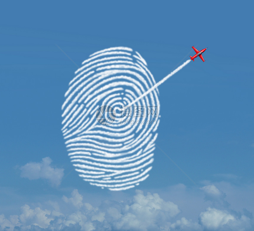 身份安全种杂技喷气式飞机,烟雾痕迹形状为指纹拇指指纹符号云数据存储隐喻密码加密访问保护与三维插图元素图片