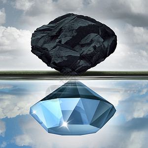 煤炭素材估价愿景将价值机会的可能视为财富金融可视化,种岩石煤炭,颗带三维插图元素的珍贵钻石的水中进行反射背景