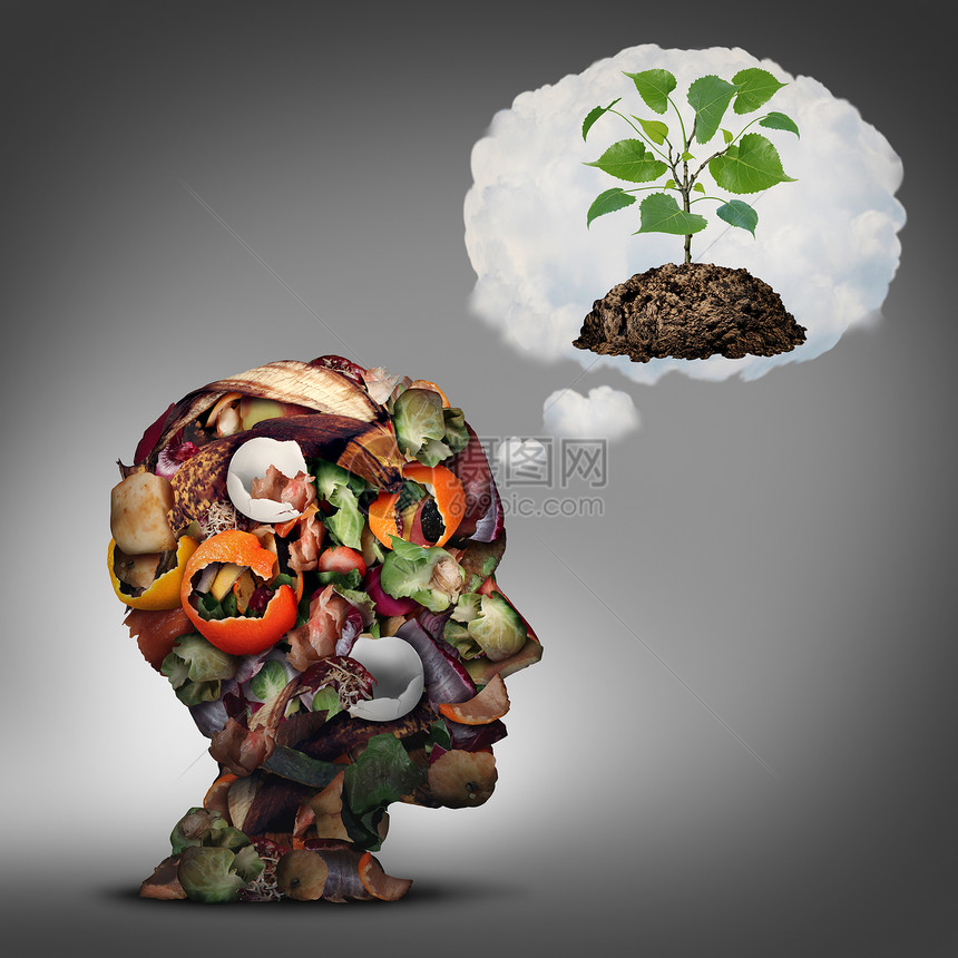 堆肥计划堆肥计划堆腐烂的水果鸡蛋壳蔬菜食物残渣,形状像人头,梦想着树苗生长的土壤图片