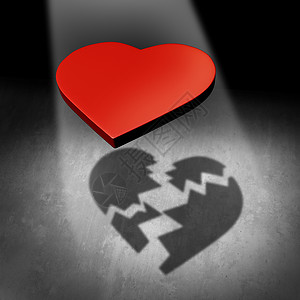 破碎的爱情情人节的关系分手夫妻分离离婚的隐喻个红色的心投下个破碎的阴影三维插图背景图片