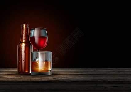 黑色背景上的酒吧上的酒精瓶啤酒酒,杯硬酒威士忌苏格兰威士忌饮酒酗酒的3D插图背景图片