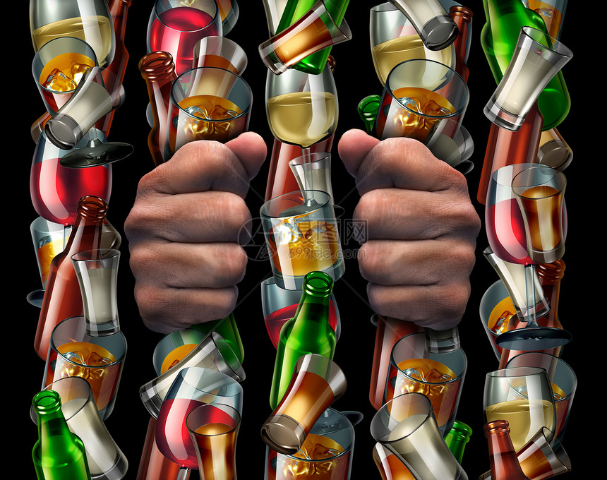 酒精成瘾被酒精中所困,如醉酒囚犯的手,手里着酒瓶璃杯,形状像监狱的酒吧,3D插图元素图片
