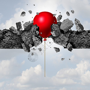 意外的力量成功个红色气球突破水泥墙个商业成就隐喻与三维插图元素图片