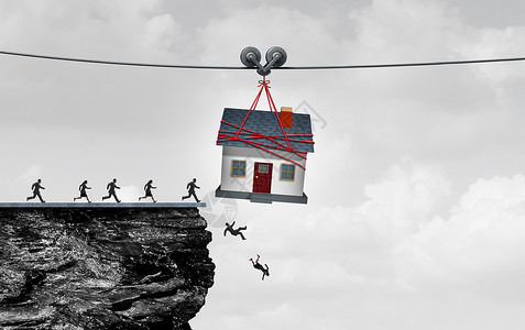 房地产陷阱住房危险拥个家庭的风险,因为人们被个家庭的房子引导下悬崖,住宅金融债务的象征,用三维插图元素翻新货背景图片