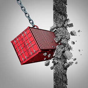 贸易壁垒打破经济制裁打开新的进出口市场个货运集装箱打破障碍墙与三维插图元素背景图片