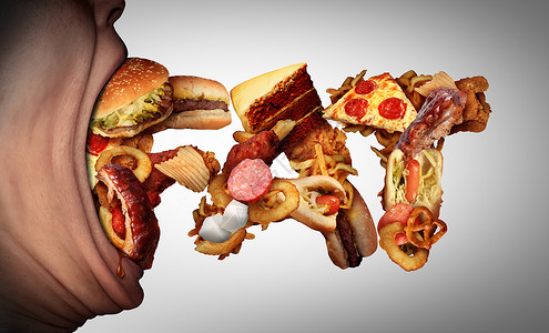 吃脂肪食物的张嘴咬健康的零食,形状为文字,个良的营养肥胖的象征,渴望高热量的脂肪餐咬人高清图片素材