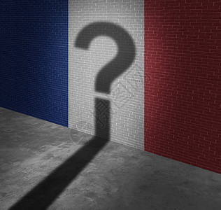 法国法国的投票选举问题的确定,如红色的白色蓝色的,涂墙上,问号的阴影,欧洲与三维插图元素混淆的政治隐喻背景