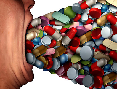 医疗行业通用太多的药丸健康风险符号药物过量过量处方药药的,个人个巨大的张嘴摄入过量的药物,个药物与三维插图元素背景