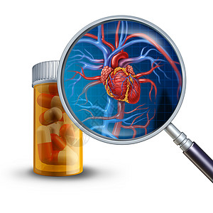 他汀药物心脏医学心脏药物的个放大镜上的处方药瓶,个人的心脏与静脉动脉与三维插图元素背景