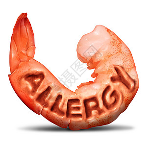 海鲜过敏虾贝类过敏的健康甲壳类动物符号过敏的文字浮雕食物的白色背景与3D插图元素背景