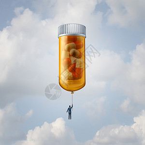 人往高处走药物制药制药工业生物技术治疗的想法,个病人科学家漂浮高处,个巨大的处方药瓶气球个医学研究图标与三维背景