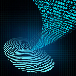 扫描指纹保护安全密码个人身份安全登录种技术安全软件,种人类指纹,数据代码加密以3D插图风格出现背景