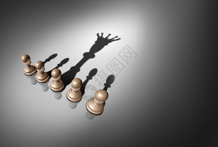 领导者领导的,棋子,枚棋子投下国王的影子,种三维渲染的潜隐喻图片