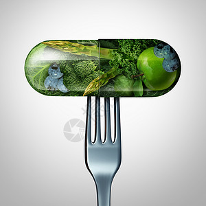 天然食物补充,如药丸药物胶囊,新鲜水果蔬菜叉子内,营养膳食维生素符号,良好的饮食健康健身生活方式与三维渲染图片