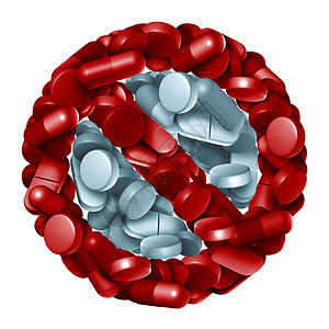 处方药禁止停止药物符号停止符号制成的药丸片剂胶囊药物禁止三维渲染图片
