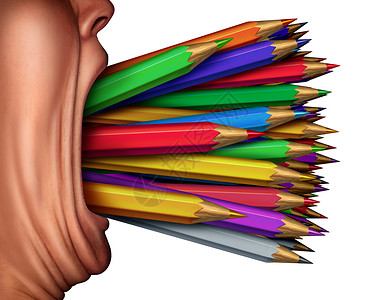 创意表达创造内容师的象征,个人的彩色铅笔蜡笔个开放的嘴与三维渲染元素图片