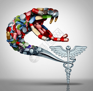 安全用药展架药物健康危险处方药物滥用的个社会问题的象征,药物成瘾的药物种卡杜塞蛇形状与药丸三维渲染背景