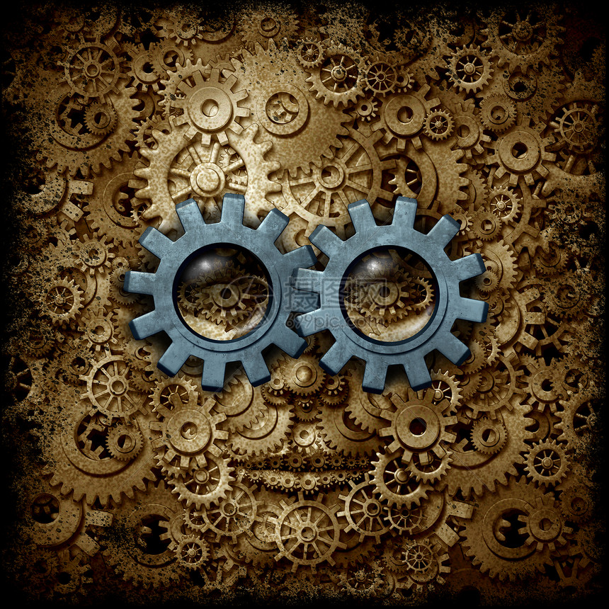 蒸汽朋克蒸汽朋克科幻科幻科幻小说的人头,由齿轮齿轮机械车轮商业心理学的隐喻三维插图,图片