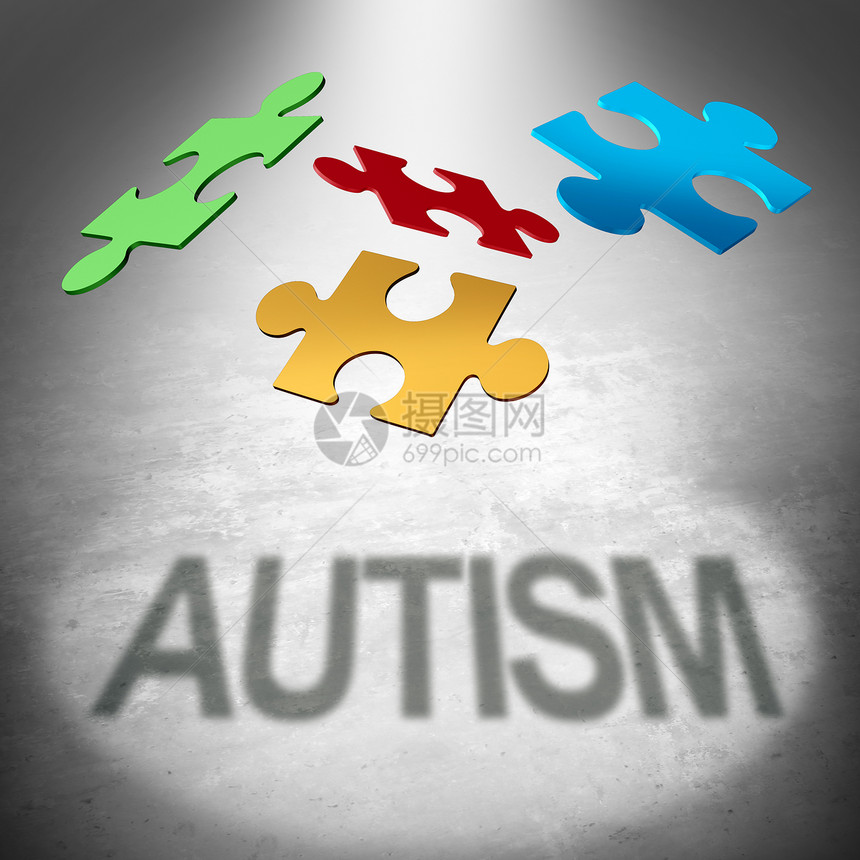 自闭症拼图符号自闭症儿童意识的图标,拼图块合,文本心理健康综合征三维插图自闭症拼图图片