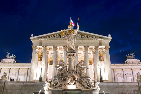 帕拉斯雅典娜奥地利议会维也纳奥地利夜间背景