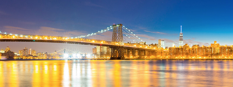 黄昏时,威廉斯堡大桥与纽约市中心全景背景图片