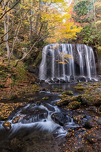 福岛瀑布福岛秋秋季节的Tatsuzawafudo瀑布图片