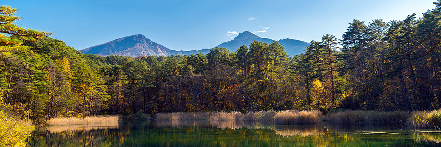 全景苍木努马五色池秋季,乌拉贝,福岛,日本图片