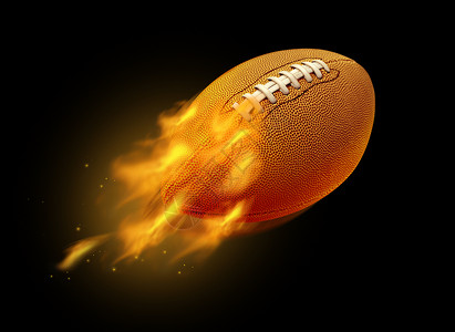 足球和火焰飞行燃烧的美国足球与燃烧的火焰黑色背景与3D插图元素背景