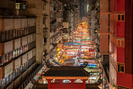 香港九龙庙街夜市照明的鸟瞰图背景