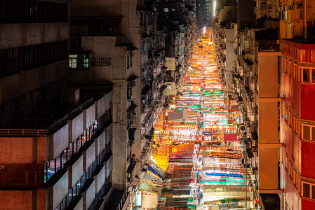 香港九龙庙街夜市照明的鸟瞰图背景