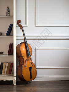 古典大提琴靠近书架图片