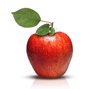 红色苹果,叶子水滴分离白色图片