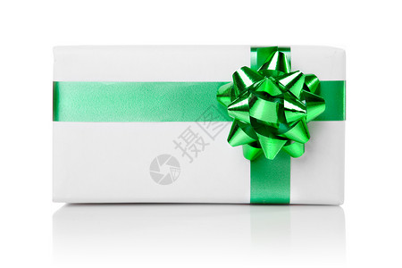 节日礼物与绿色丝带隔离白色图片
