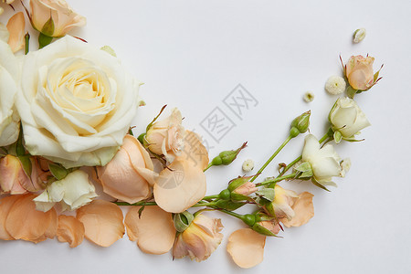 白色背景下白色橙色玫瑰的成美丽的装饰明信片婚车为浪漫的夫妇玫瑰白色背景背景图片